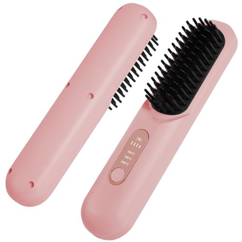 LOPHE Piastra per Capelli, Senza Fili Piastra Lisciante Riscaldamento Rapido, Piastra Capelli Spazzola con Display LED, 3 Temperature 160°C-200°C per Capelli Lisci, Ricci e Mossi(Rosa, B)