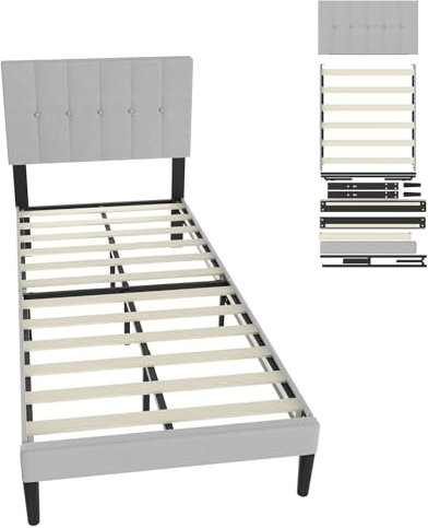 UISEBRT Polsterbett 90 x 200 cm – Bettrahmen mit Knöpfen, Plattformbettgestell mit gepolstertem Kopfteil aus Leinen, Holzlattenstütze, Doppelbett für Erwachsene, Modernes Design (Hellgrau)