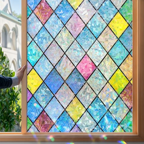 Mgood Vinilos para Cristales Efecto Arcoiris Vinilo para Ventanas Patrón de Rombos Decorativos Translucido Vinilo Adhesivo Cristal Electrostática Anti UV Lámina Privacidad Ventana 60x200cm