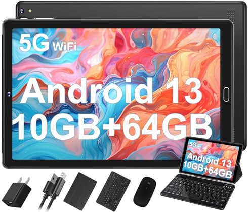 SUAAT Tableta Android 13 de 10 Pulgadas 2025 10 GB RAM + 64 GB ROM (1TB TF)| 5G + 2.4G WiFi| GPS | Bluetooth 5.0 | 8MP + 5MP | Touch Tablet con Funda, Negro