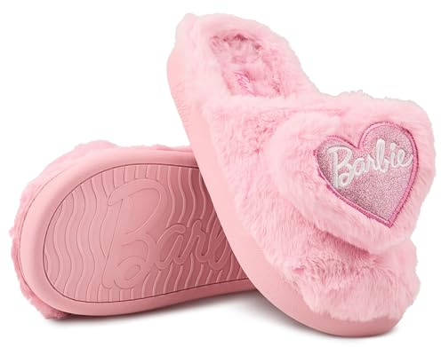 Barbie Pantofole per bambini Fuzzy Girls House pantofole per bambini accoglienti e morbido peluche per interni ed esterni, Rosa chiaro, Large Little Kid