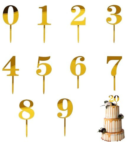 10 Stück Cake Topper Zahlen, 0-9 Geburtstag Tortendeko, Geburtstagszahlen, Cake Topper Geburtstag, für Geburtstagsfeiern Jeden Alters Hochzeitsparty,Wiederverwendbar(Gold)