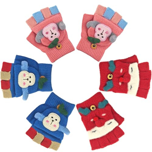 Zoonvii 3 Paar Kinder Halbfinger Handschuhe,Fingerlose Handschuhe Kinder,Fäustlinge mit Knopf Klappe,Halbfinger Fingerlos Strickhandschuhe,Kinder Handschuhe Winter,für Jungen und Mädchen