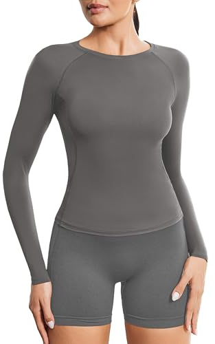 PINSPARK Sportshirt Damen Langarm Sport T-Shirt Leichtes Funktionsshirt Slim Fit Laufshirt Fitness Langarmshirt Rundhals Workout Yoga Tops Kurz Gym Oberteile Dunkelgrau S