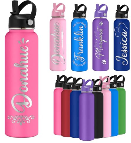 Bouteille d'eau personnalisée en acier inoxydable avec nom personnalisé (12, 18, 24, 32, 40 oz) - Bouteille isotherme gravée personnalisée pour femmes et hommes Nom 5