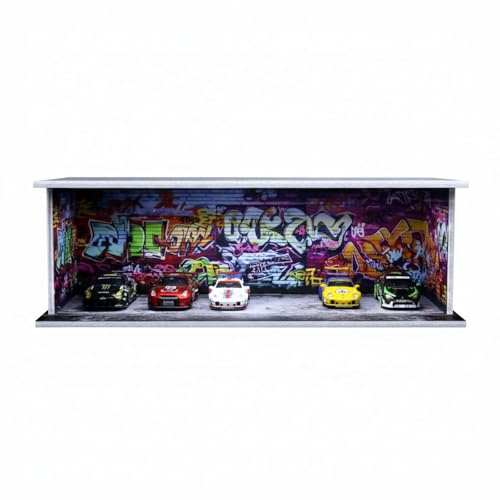 1:64 Modellauto Vitrine & Staubschutz - Diorama Parkgarage, Graffiti Wall Design - Stapelbar & Verbindbar, Aufbewahrung für Hot Wheels, Matchbox