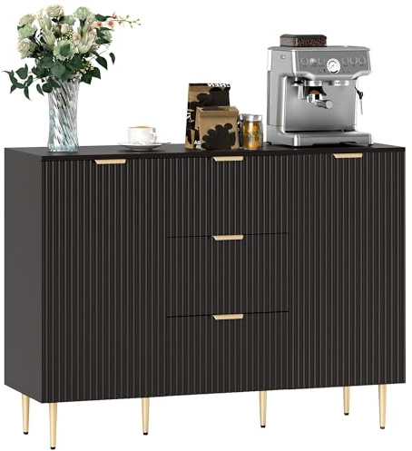 HOMCOM Sideboard, 2-Door Kitchen Storage Cabinet with 3 Drawers and Adjustable Shelves, Buffet Cabinet with Metal Legs for Dining Room, Black