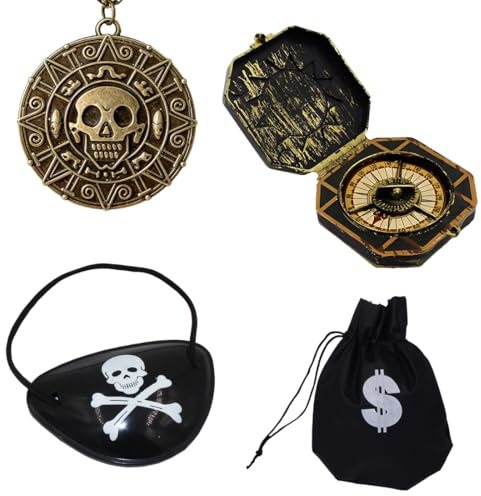 YUVKIN 4-teiliges Piraten-Accessoire-Set, Spielzeugkompass, Piratenkette mit aztekischer Münze, Piratenaugenklappe, Karneval, Kostüm, dekorative Piraten-Accessoires