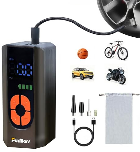 PurMars Tragbare Luftpumpe für Autoreifen,150PSI Autoreifen | Kompressor mit digitalem Manometer,Digitalanzeige LED-Leuchten,Elektrische Fahrradpumpe für Motorrad,Bälle - Für den Notfall
