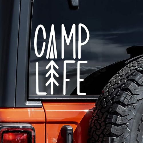 2 Stück 11,5 x 15 cm große Deko-Autoaufkleber „Camp Life“, selbstklebend für LKW, Motorrad, Laptop – für drinnen und draußen | #DZ202 (Weiß)