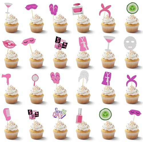 24-teiliges Set mit Massage-Make-up-Torten-Dekorationen und Zahnstochern, Spa-Geburtstagsdeko, Geschenkartikel, exquisite Cupcake-Dekoration für Make-up-Masken-Pyjamapartys