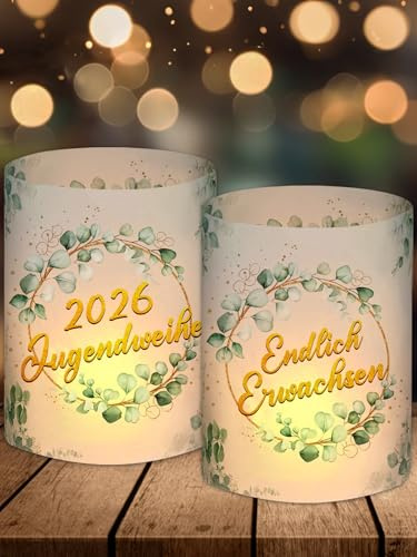 12 Windlicht Tischdeko, Jugendweihe Deko Mädchen Junge 2026, Endlich Jugendweihe Dekoration Eukalyptus Grün Gold, Jugendweihe Party Deko Set Gastgeschenke Geschenke, für Teelichter oder Kerzen