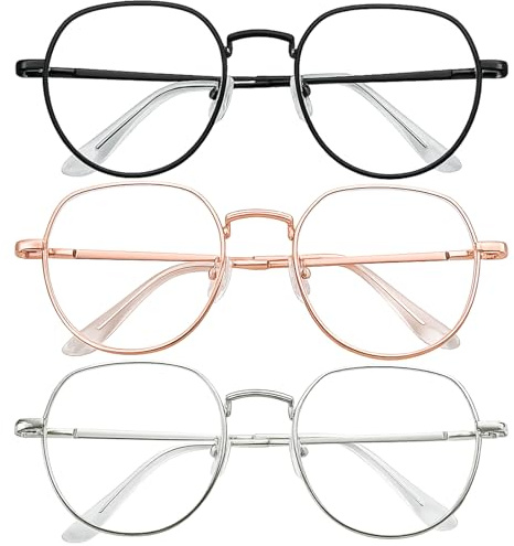 OhebEsx 3er Set Brille ohne Stärke Damen, Fake Brille ohne Sehstärke für Mode, Alltag & Beruf in Gold, Schwarz, Silber