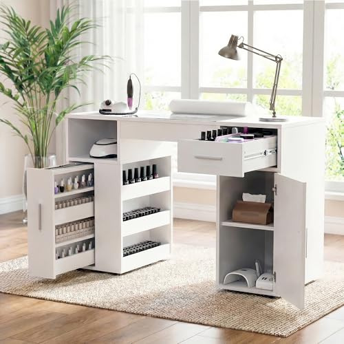 Nail Desk with Dust Collector&Wrist Rest,Portable Mobile Nail Tech Table | Professional Beauty Nail Salon,Glass Tabletop Manicure Table,Nail Workstation Art Desk with Drawer Storage Cabinet(White)