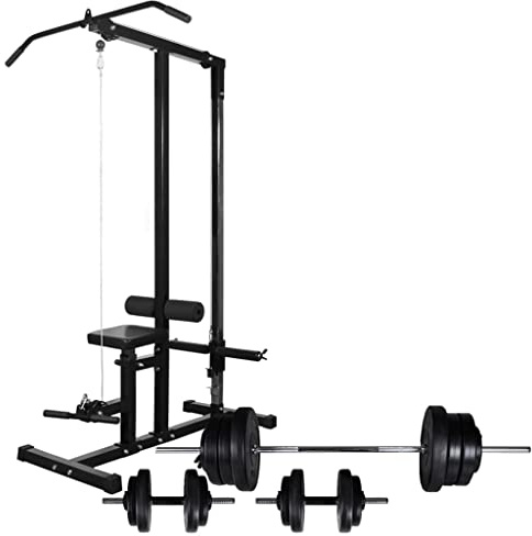 Ziaphsol Kraftturm mit Hantelbank, Langhantel und Kurzhantel Set 60,5 kg, Fitnessgerät für Heimstudio, Polyethylen Hantelscheiben, Beincurler und Sicherheitsbügel
