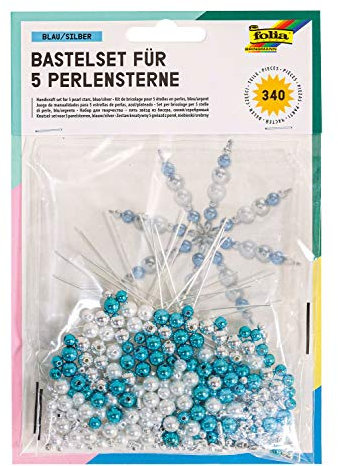 folia 12530 - Bastelset für 5 Perlensterne, blau / silber / perlweiß - ideal als selbstgemachte Dekoration für Weihnachten