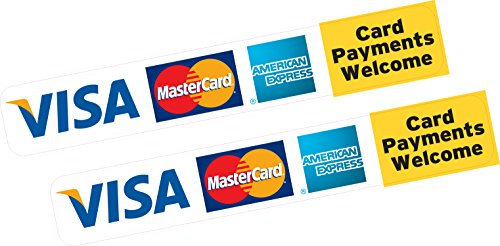 2 x Karte Payments Welcome Credit Card Visa MasterCard AMEX Aufkleber gedruckt Vinyl Shop Taxi Business