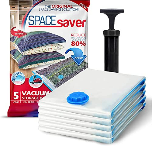 SpaceSaver Vacuum Storage Bags - Clothes Storage Bag Vacuum Pack - Space Saver Vacuum Storage Bags for Clothes Storage, Vacuum Bags for Bedding - Vacuum Bags for Clothes - with Pump (LARGE 5-Pack)