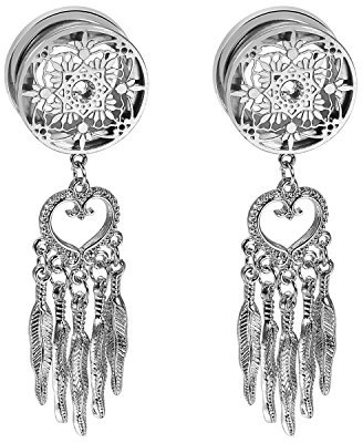 Aroncent 12mm Edelstahl Flesh Tunnel Plug Ohrstecker Ohrpiercing Ohr Expander Piercing Damen Silber mit Vintage Traumfänger Dreamcatcher Feder Anhänger