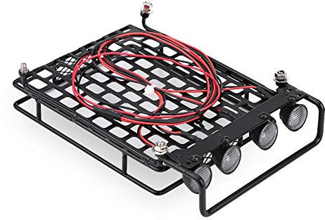 RC Car Dachgepäckträger, großer Dachgepäckträger Gepäckträger mit 4 runden LED-Leuchten für Axial SCX10 1/10 ferngesteuertes Raupenauto(4 Weiß)