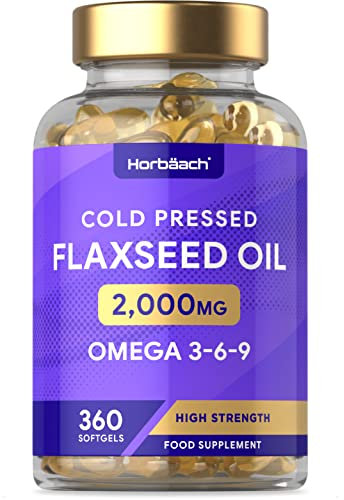 Flaxseed Oil Capsules 2000mg | 360 Count | Omega 3 6 9 with High Strength Alpha Linolenic Acid (ALA) | Cold Pressed Supplement | by Horbaach