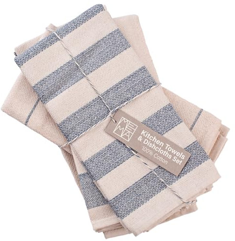 MEEMA Kitchen Towels and Dishcloths Sets of 4 | Large 18 x 28 Inch | Upcycled Cotton Tea Towel | Super Absorbent Cotton Dish Towels for Kitchen | Blue Stripes | Hand Towels