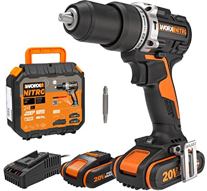 WORX Nitro 18V (20V MAX) Cordless Impact Drill, PowerShare, Brushless Motor, 60Nm, 13mm Chuck, Variable Speed Control, LED Light, 2pcs 2.0 Ah Batteries Included, WX352