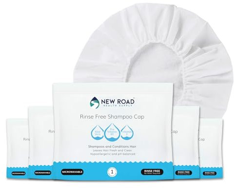 New Road Health Supply - Rinse Free Shampoo Cap, Shampoo and Condition Without Water, Shower Cap for Women and Men, PH Balanced and Hypoallergenic, for Camping Essentials, Elderly, 6-Pack