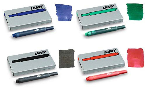 Lamy T10 Fountain Pen Ink Cartridges - Mix 4 Pack (20 Cartridges) - Black, Blue, Red, Green