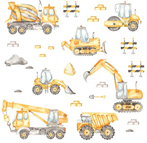 206 Wandtattoo Baustelle Aquarell - Fahrzeuge Bagger Autokran und co. Größe 750 x 420 mm - in 6 Größen - Kinderzimmer Sticker Wandaufkleber Wandsticker Wanddeko Wandbild Junge Mädchen