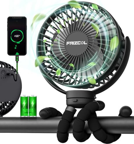 FRIZCOL Portable Stroller Fan, Use As Power Bank, 65H 12000mAh Battery Operated Fan Flexible Tripod Baby Car Seat Fans with Timming, Personal Mini Handheld/Desk/Small Clip On Fans For Stroller