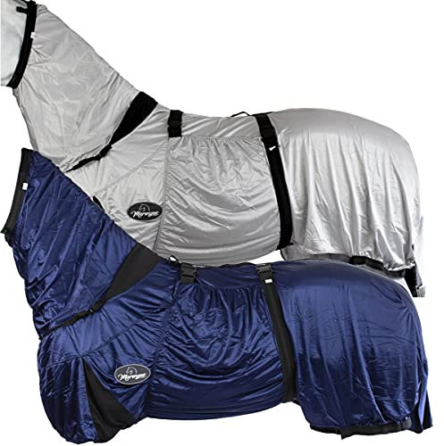 Marengos - Ekzemerdecke mit Halsteil & Bauchlatz – Fliegendecke aus feinmaschigem Gewebe – Schutz v. Insekten – doppelter Frontverschluss & Gehfalte – Pferdedecke in Nachtblau – 125cm