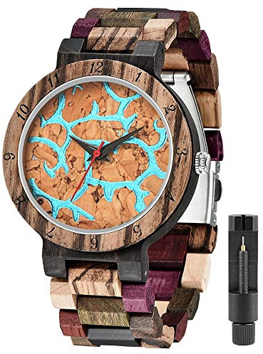 Tiong Herren Klassische leichte Holzuhr, Männer Quarz Holzuhr, leuchtende wasserdichte Uhr…