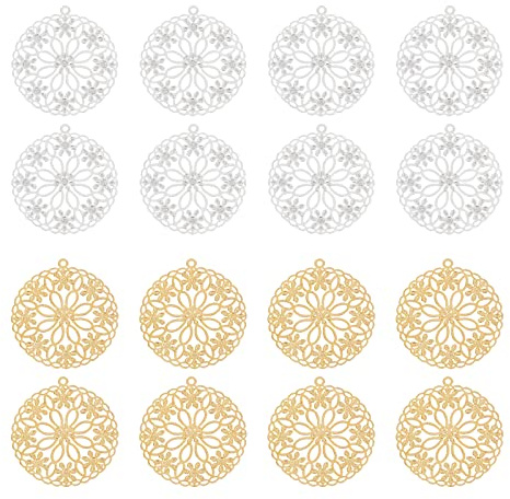 SUPERFINDINGS 50pcs 2 Farben 26mm Filigrane Messing Anhänger Hohlstecker Charms Runde Perlen Anhänger Für DIY Ohrringe Halskette Schmuckherstellung Zubehör Bohrung: 1mm