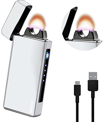 SKRFIRE Elektrisches Winddichtes Flamme elektrisches Plasma Feuerzeugs Arc Feuerzeug Wiederaufladbares USB Feuerzeug mit Batterieanzeige (Silver)