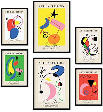 Nacnic Set von 6 Miró Kunst Posters. Sammlung von Plakate mit Collage Ästhetik für Innendekoration. Größen A3 und A4. Rahmenlos