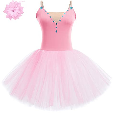 AFAVOM 2PCS Glitter Women Ballet Leotards Long Dance Ballerina Costume Adult Ballet Dress with Hair Clip Camisole Leotard, Pink, Small