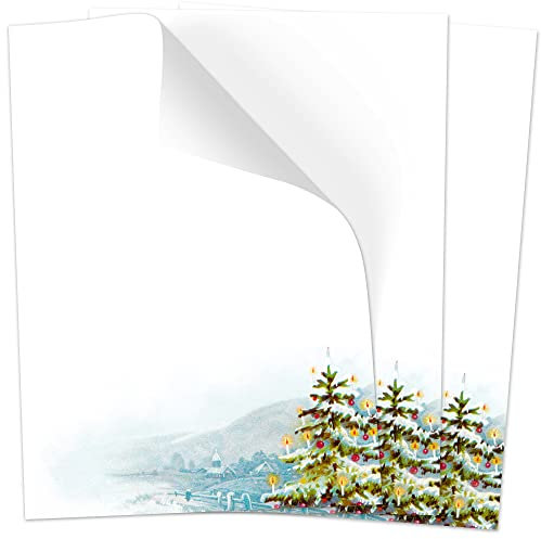 50 Blatt Weihnachtspapier (A4) | Vintage Look Tannenbaum Berge | Motivpapier | edles Briefpapier Weihnachten | beidseitig weihnachtlich bedruckt