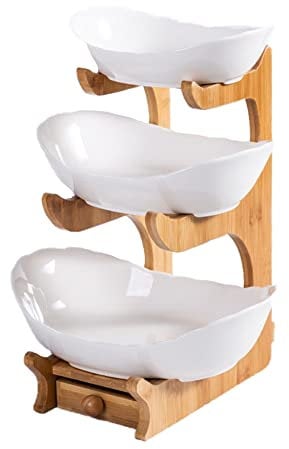 Simcat Fruit Plate Set Fruit Basket for Kitchen Counter, Ceramic Fruit Bowl,Large Capacity Fruit Bowl Set with Holder, Bamboo Fruit Serving Tray (Three Layer White)