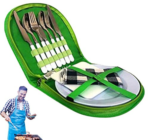 MISOYER Utensilios para Acampar - 14 Cubiertos Viaje Reutilizables,Kit Cubiertos portátil con Organizador Cubiertos para Oficina, Escuela, Picnic, Senderismo, mochilero, Camping