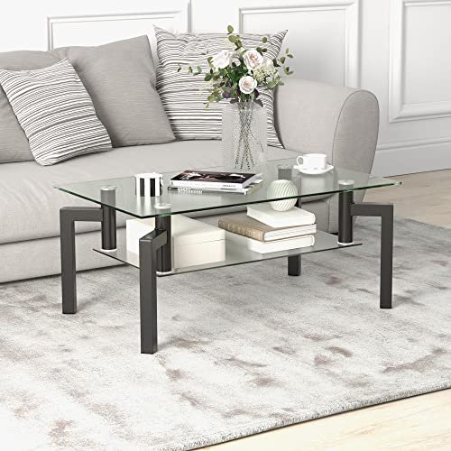 LIFEZEAL Mesa de Café de Cristal, Mesa de Centro Rectangular con Estante Inferior, Mesa de Salón de Cristal Templado, Mesa de café para salón, 100x60x43cm