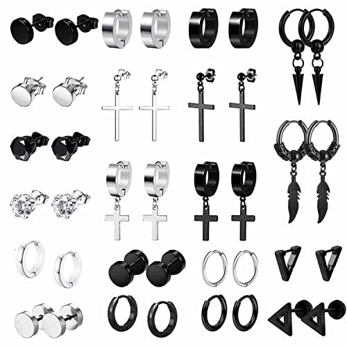20Paar Edelstahl Ohrringe Creolen für Herren Damen Kleine Kpop Huggie Ohrringe Punk Gothic Hoop Schwarze Ohrringe Zirkonia Runde Kreuz Creolen Huggie Ohrstecker Ohrring Silber Schwarz