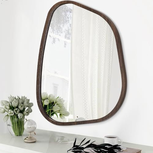 HLFMVWE Unregelmäßiger Hölzerner Gerahmter Wandspiegel Moderner Ovaler Asymmetrischer Dekor Badezimmer Eitelkeit Schlafzimmer Wohnzimmer Flur Großer Brown 50 x 40 cm