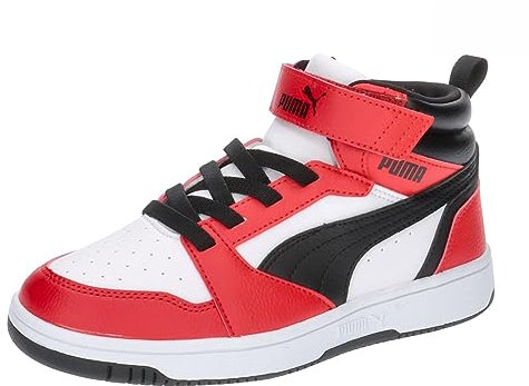 PUMA Puma Rebound V6 Mid AC+ PS, Scarpe da Ginnastica Unisex - Bambini e Ragazzi, Puma White Puma Black for all Time Red, 32.5 EU