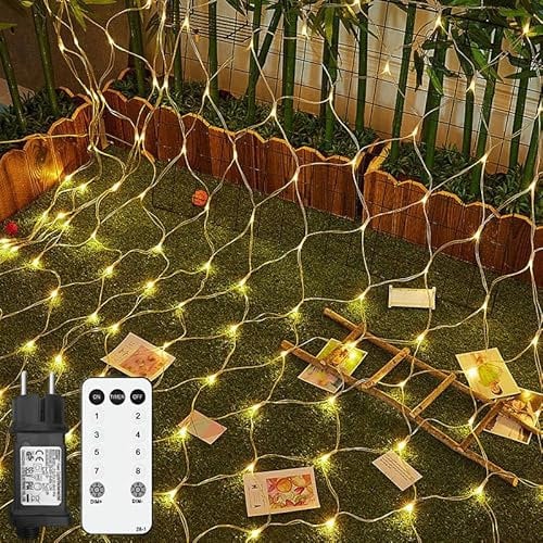 Lichternetz Außen, 3x2m 200 LED Lichterkette Außen, Lichternetz Lichtervorhang mit Stecker Warmweiß, IP44 Wasserdicht, Fernbedienung Timer 8 Modi, für Büsche Garten Weihnachtsbaum Zimmer Balkon