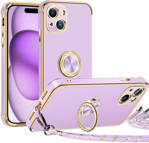 Miss Arts für iPhone 15 Plus Hülle mit Band, Ring Ständer Handyhülle Frauen Mädchen Dünn Stoßfeste Schutzhülle für iPhone 15 Plus Case Lila