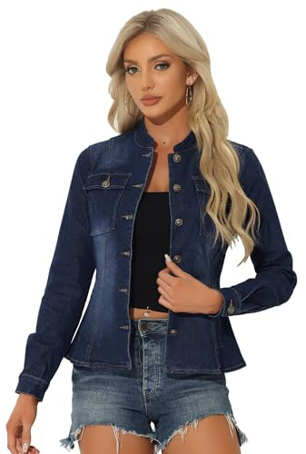 Allegra K Casual Denim Jacket for Women's Classic Stand Collar Long Sleeve Jean Jacket X-Large Dark Blue