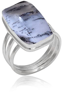 Veracity Jewelry 925 Sterling Silver Gemstone Statement Rings – Gift For Birthday Wedding Anniversary Mother's Day Ring – Vintage Boho Style Handmade Gifts (Dendrite Opal Dendritic Agate)