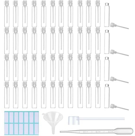 50 botellas vacías de muestra de perfume de 1 ml, tapa blanca, tubo de ensayo de aceite esencial, mini recipientes de vidrio recargables para aromaterapia, fragancia y líquido
