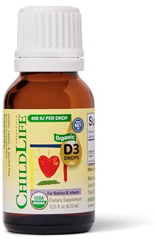 CHILDLIFE Essentials Organic Vitamin D3 Drops for Infants & Newborns - Baby Vitamin D Drops, 400 IU per Liquid Drop, Immune & Bone Health Support, USDA Organic, Flavorless - 0.21 Fl Oz (1 Pack)